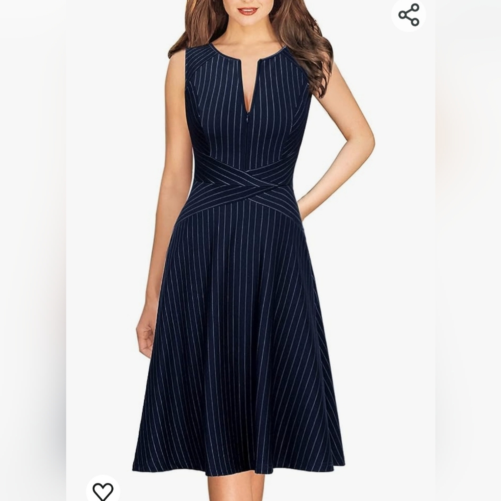NWT versatile and slimming navy blue striped, A-line sleeveless dress